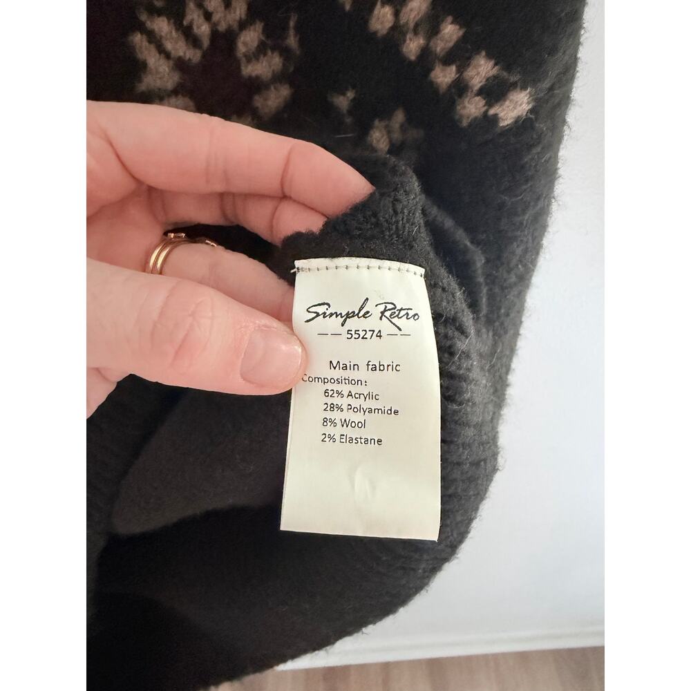 Simple Retro Norah Snowflake Jacquard Black Polo Fair Isle Knit Sweater-Size L - Picture 7 of 7